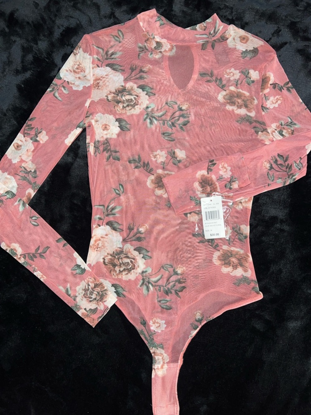 Justify Rose-Pink Floral Mesh Long-Sleeve Bodysuit